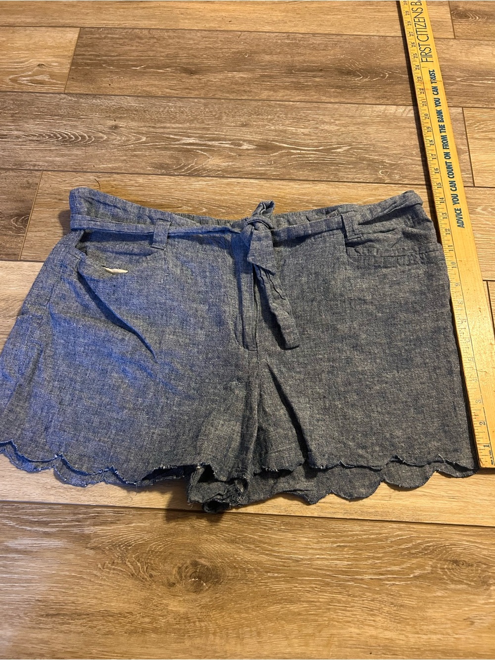 LOFT Chambray Scallop-Hem Tie Waist Shorts - Blue